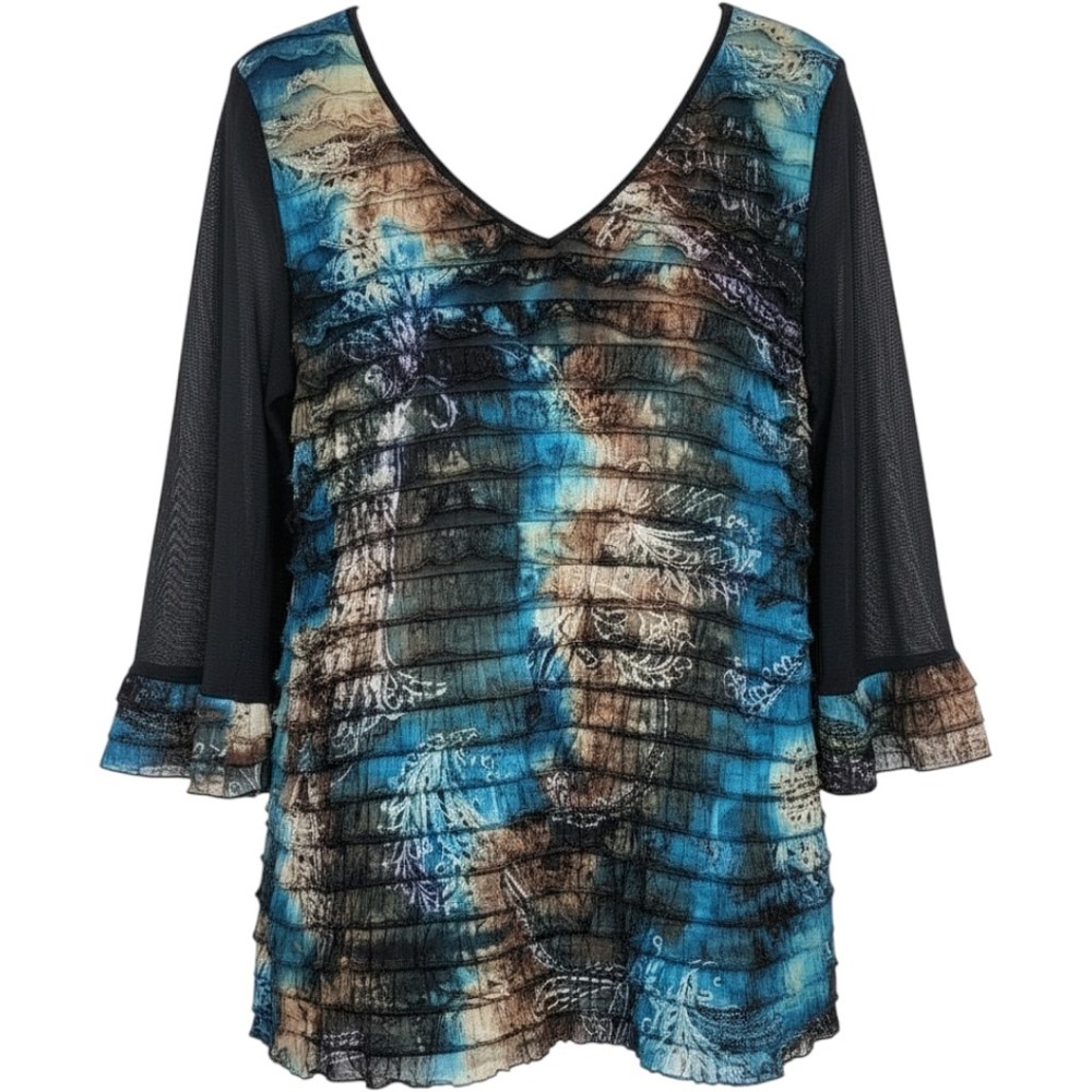Y2K Artsy Boho Indie Tunic Top Textured Tiered Coastal Earthy Mesh Sleeves XL